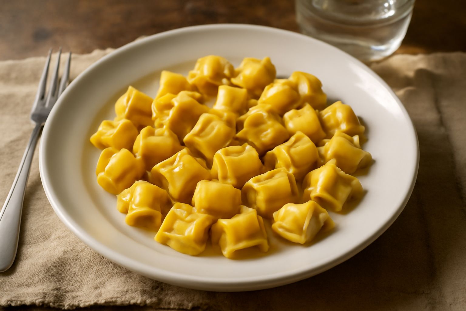 Tortellini cagliaritani appena cotti in un piatto bianco, ricoperti di burro fuso e salvia, con un leggero velo di formaggio grattugiato. La pasta è dorata, gli angoli piegati con precisione geometric
