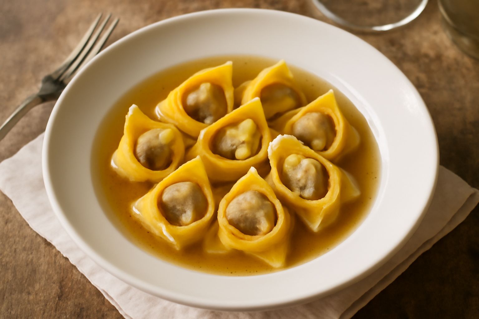 Tortellini ripieni di anatra in una ciotola bianca con brodo caldo trasparente, foglie di salvia verde e scaglie di parmigiano, serviti su un piatto di porcellana.