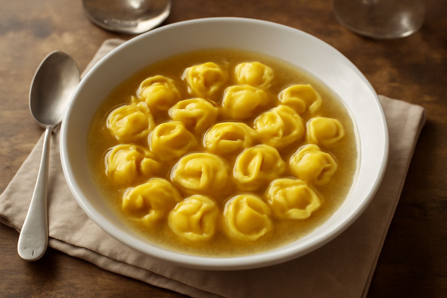 Ciotola di ceramica bianca con tortellini d'Asti dorati immersi in brodo trasparente caldo, decorati con scaglie di Parmigiano Reggiano e prezzemolo fresco, vapore che sale dal bordo