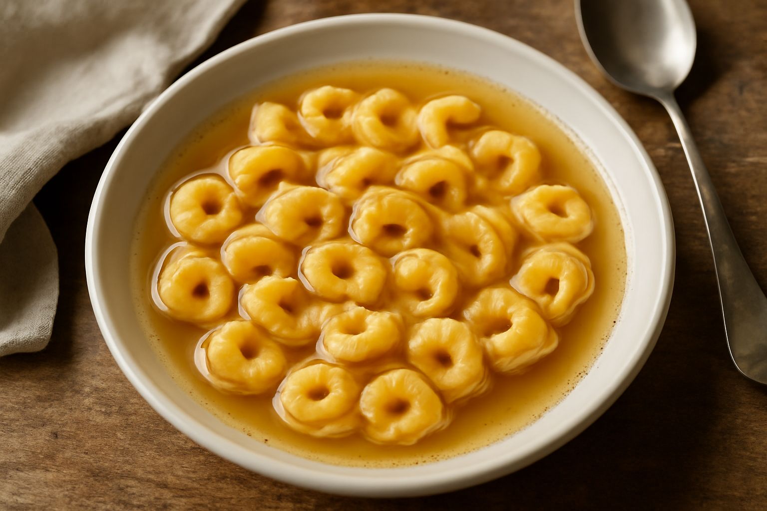 Tortellini di Bologna piegati a forma di anellini dorati in un piatto bianco, immersi in brodo caldo trasparente con gocce di grasso, contorno di verdure e parmigiano grattugiato sopra