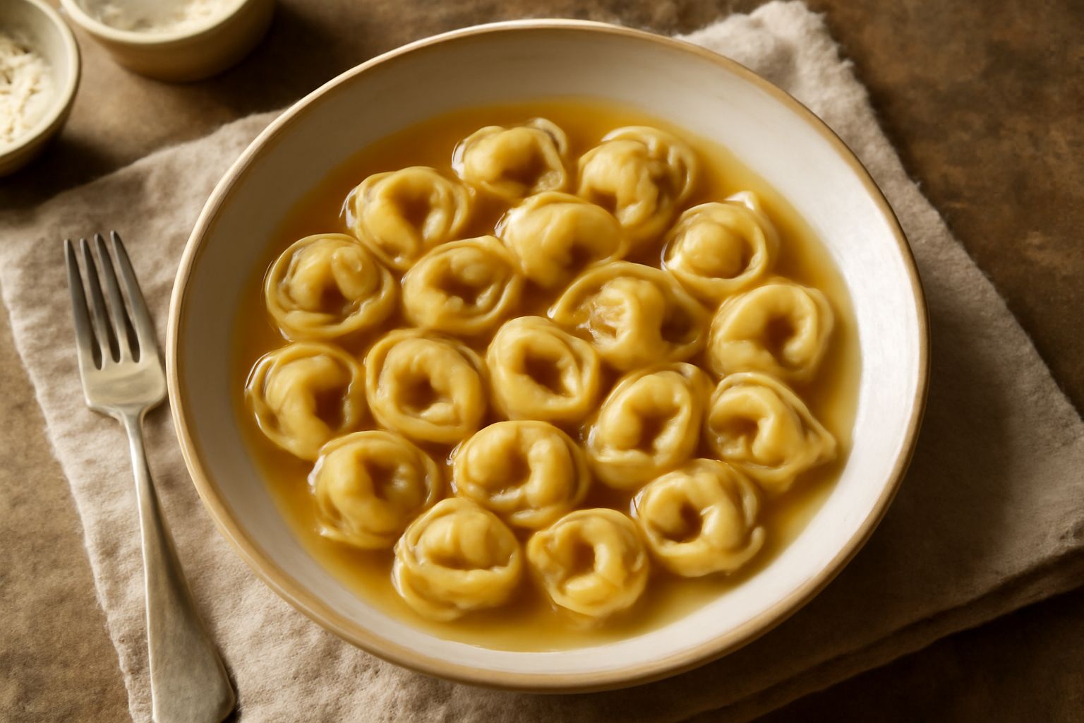 Tortellini di carne cotti in brodo di carne fumante, serviti in ciotola di porcellana bianca con fili di Parmigiano grattugiato e prezzemolo fresco.