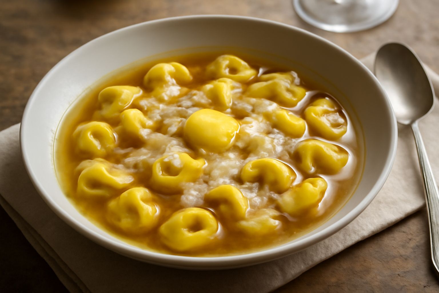 Tortellini di carne alla milanese in una ciotola di porcellana bianca, immersi in brodo trasparente, ricoperti di scaglie di parmigiano reggiano e una noce di burro fuso, con una cucchiaiata di brodo