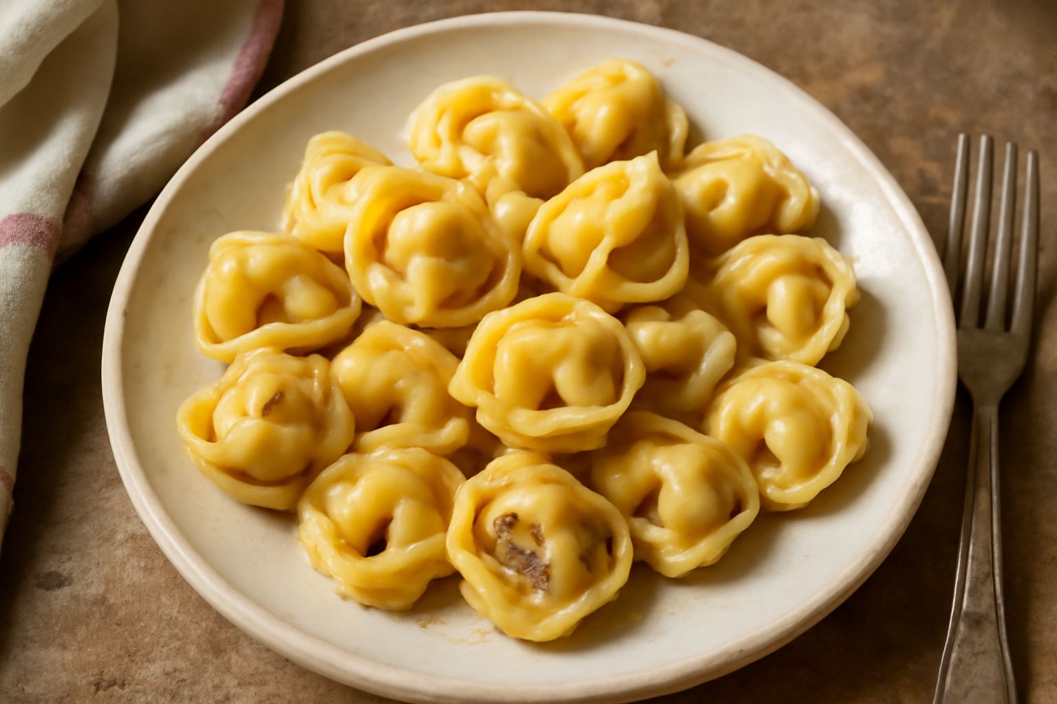 Tortellini di carne macinata ripiegati a mano su un piano di legno infarinato, accanto a uova, carne macinata e una ciotola di parmigiano grattugiato