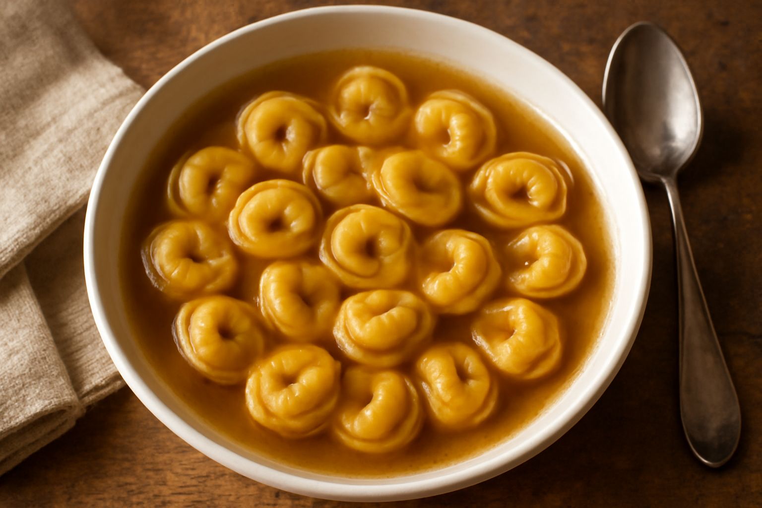 Tortellini di Como dorati e arrotolati disposti in una ciotola di brodo caldo, con prezzemolo fresco e grattugia di parmigiano sopra, su un piatto bianco con cucchiaio di legno