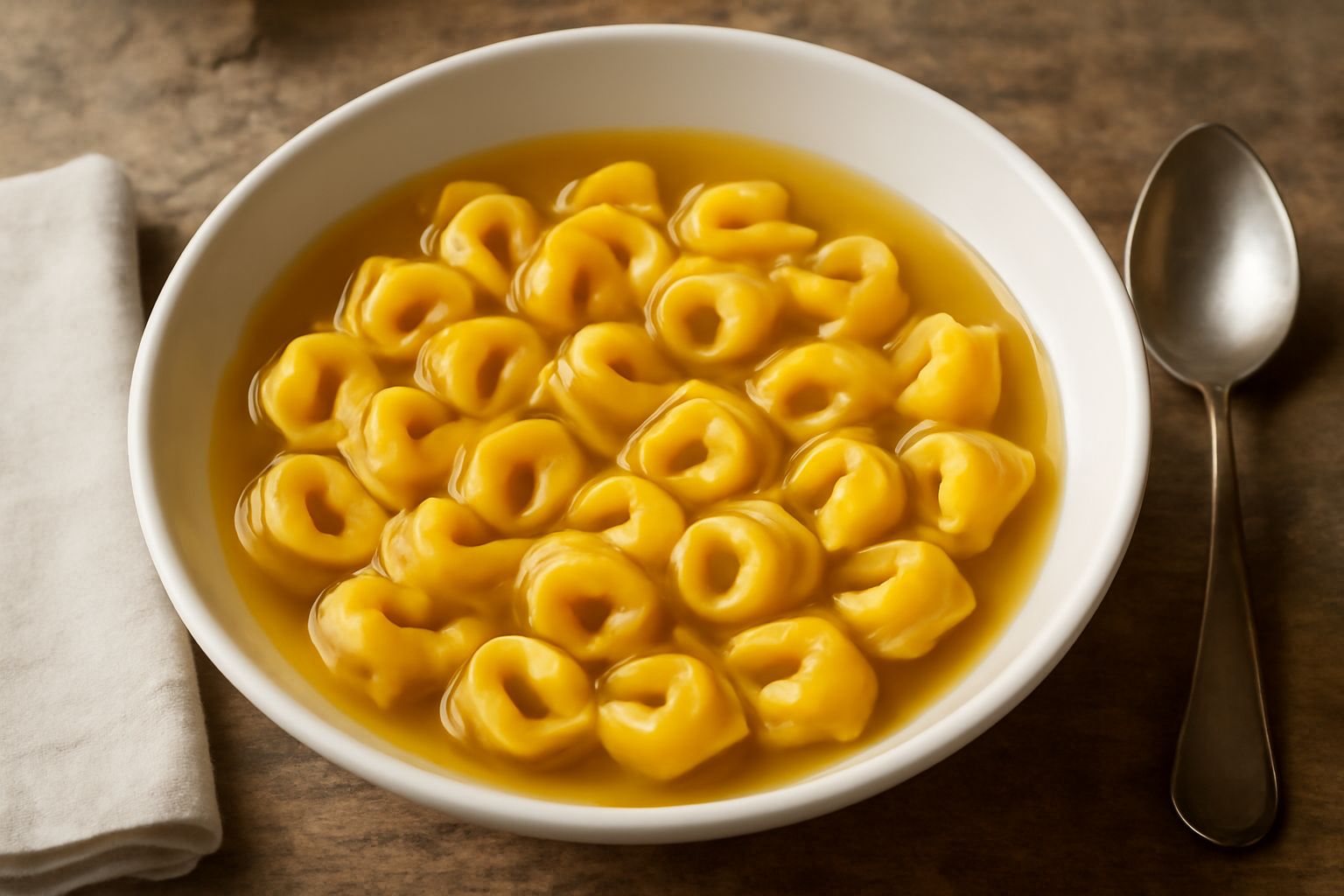 Tortellini di Ferrara dorati piegati a forma di piccolo berretto, disposti in una fondina con brodo caldo, parsa di parmigiano grattugiato in cima, contorno di foglie di prezzemolo fresco