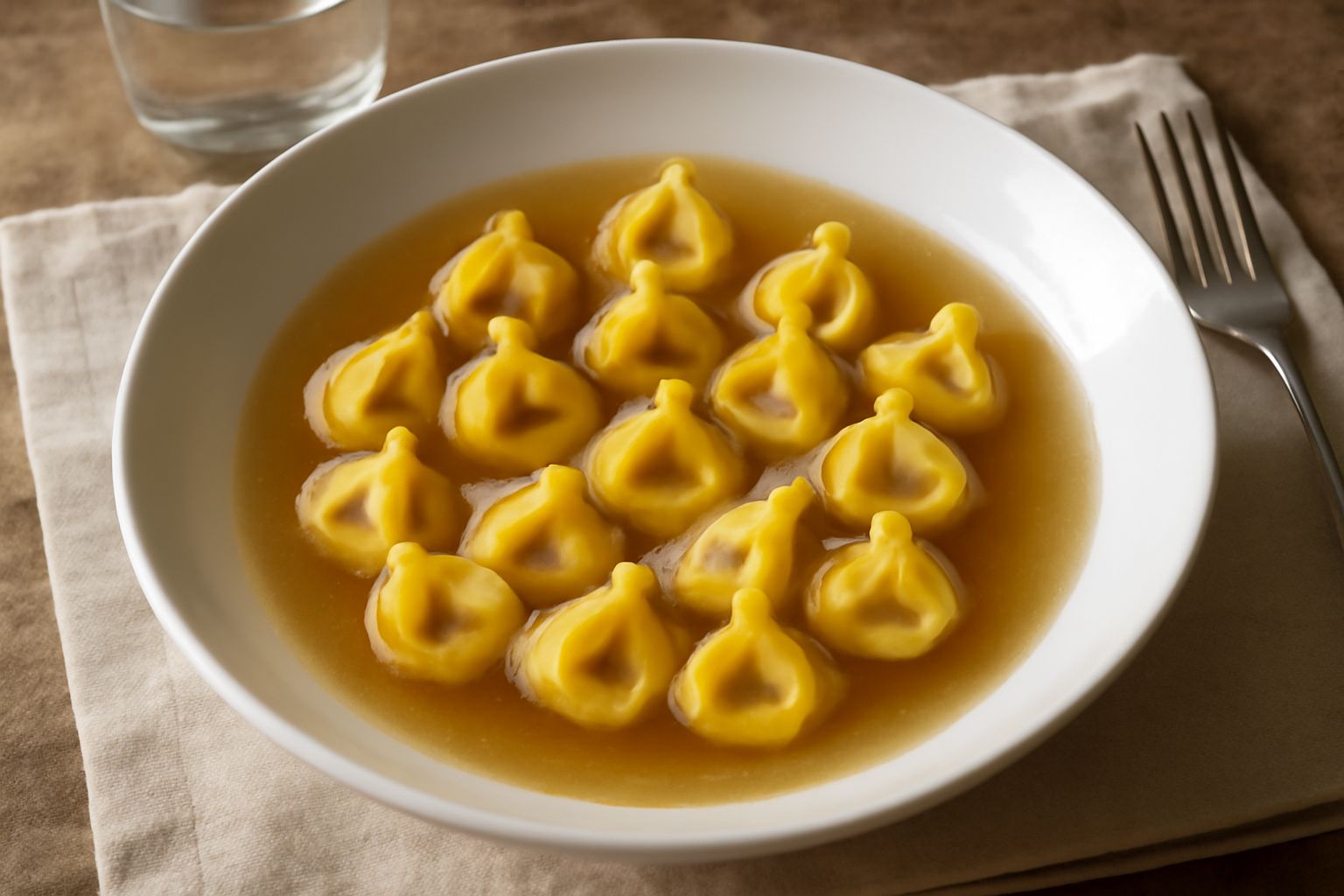 Tortellini di Forlì disposti su una superficie infarinata, di colore giallo paglierino, piegati a forma di piccoli fagottini con punta rivolta verso l'alto, contorni puliti e regolari, accanto un cucc