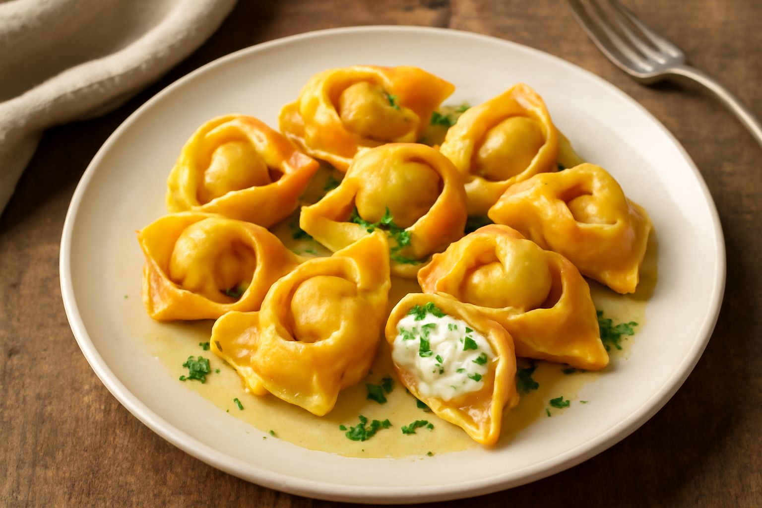 Tortellini di melone chiusi a forma di cuore su piatto bianco, pasta gialla con venature arancioni, ricotta bianca visibile nel ripieno, guarniti di foglie di menta fresca verde e gocce di burro fuso