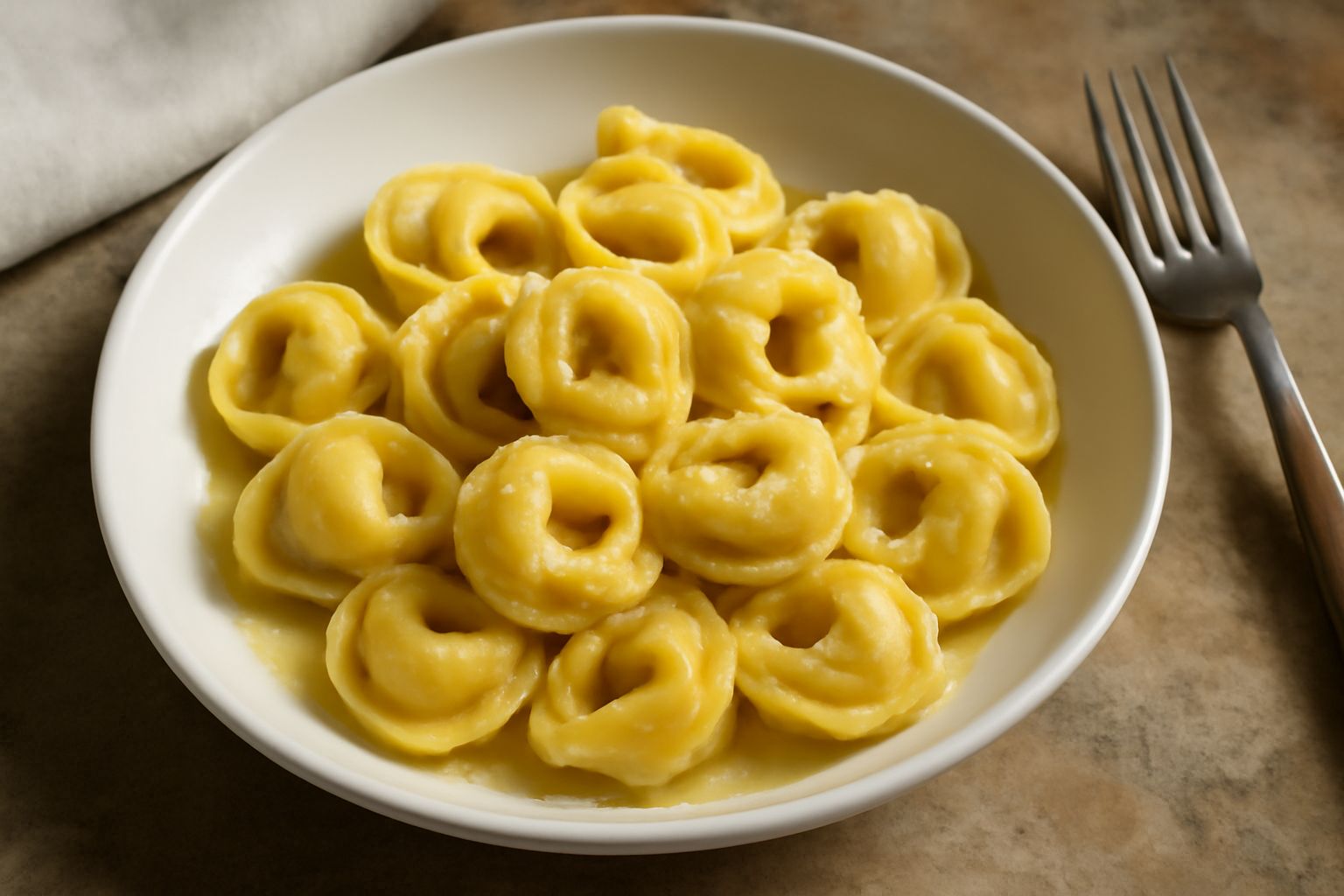 Tortellini di Modena dorati in una ciotola di brodo caldo, con un'onda di brodo leggermente trasparente, accompagnati da parmigiano reggiano grattugiato in cima e qualche foglia di prezzemolo fresco