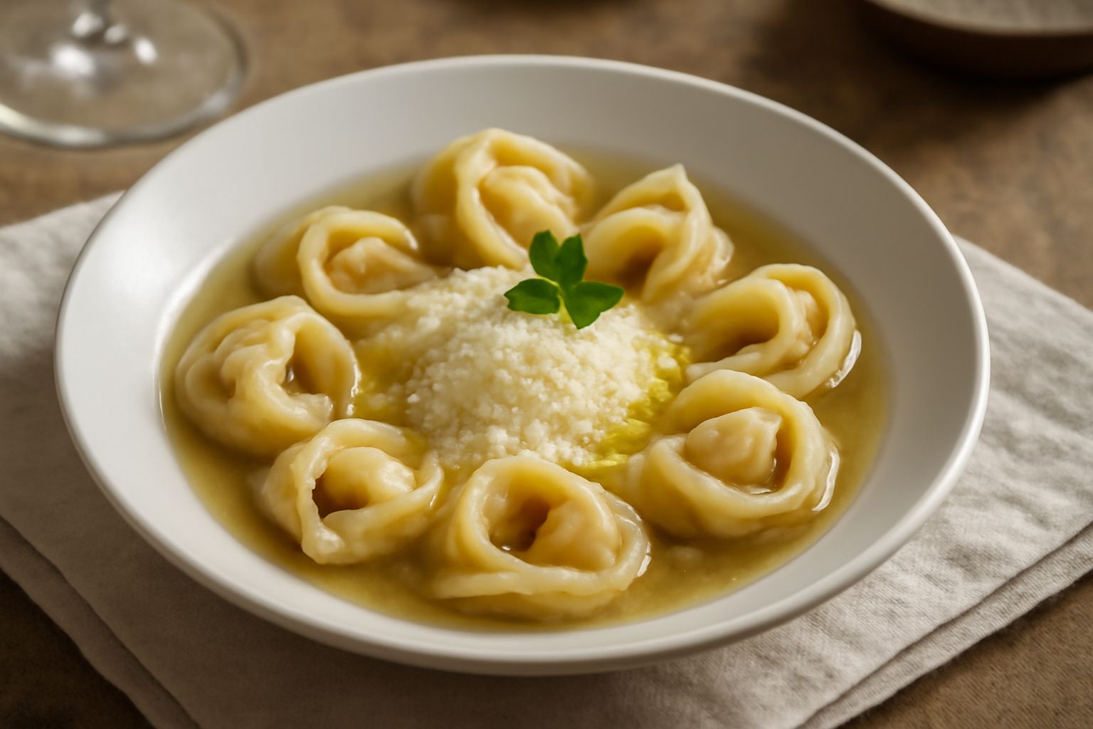 Tortellini di Montalto dorati e gonfi in una ciotola bianca con brodo trasparente, decorati con parmigiano reggiano grattugiato e prezzemolo fresco