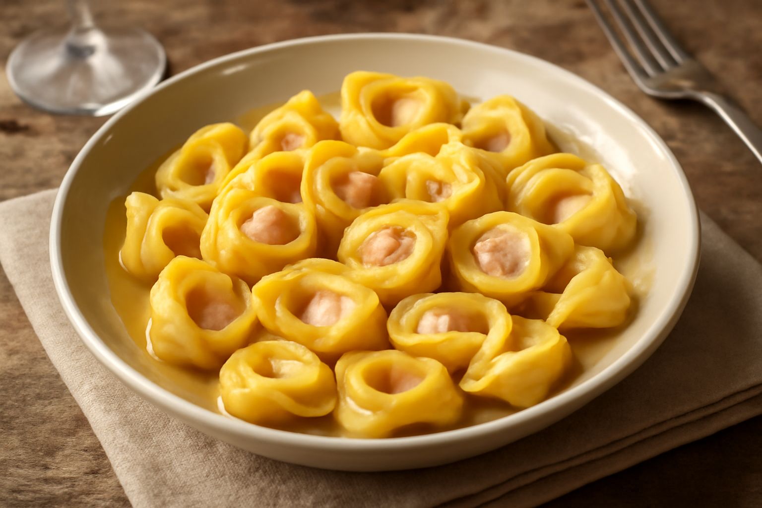 Tortellini di mortadella appena cotti in brodo, dorati e leggermente gonfi, serviti in una ciotola bianca con un filo di burro, parmigiano grattato e una foglia di prezzemolo