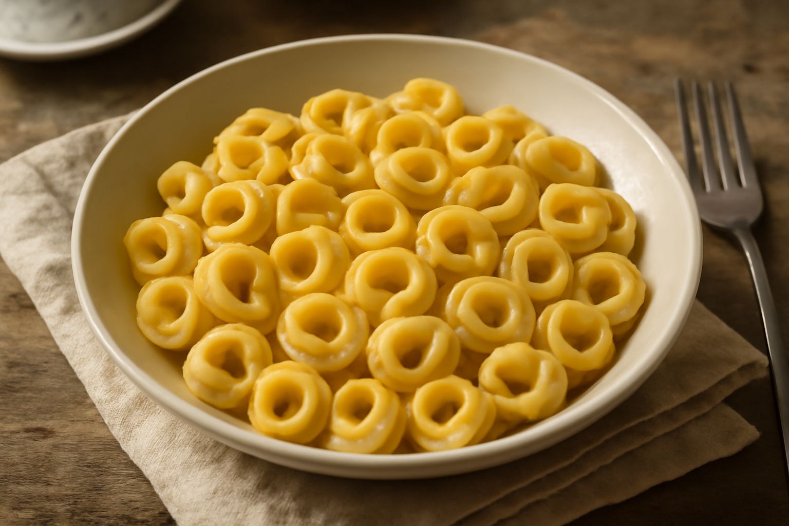 Tortellini di Parma dorati in un piatto fondo di ceramica bianca, immersi in brodo caldo trasparente, con una leggera spolverata di parmigiano grattugiato e qualche foglia di prezzemolo fresco