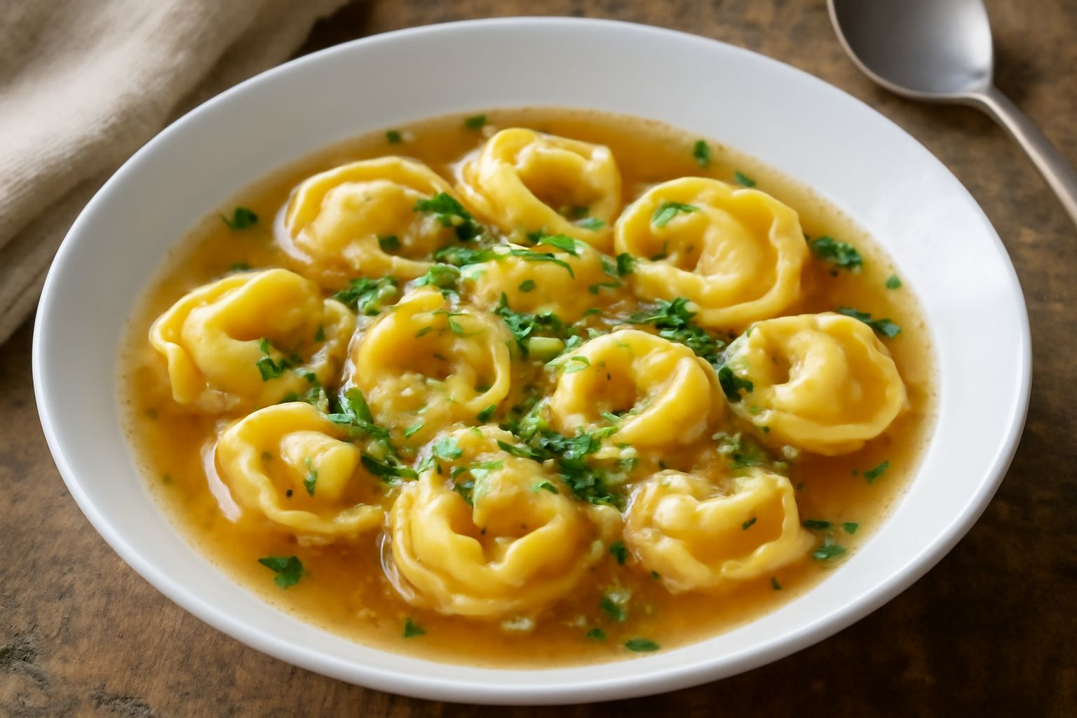 Tortellini di Pavia dorati e gonfi in un piatto di brodo caldo, con gambo di prezzemolo fresco sul bordo, vista dall'alto
