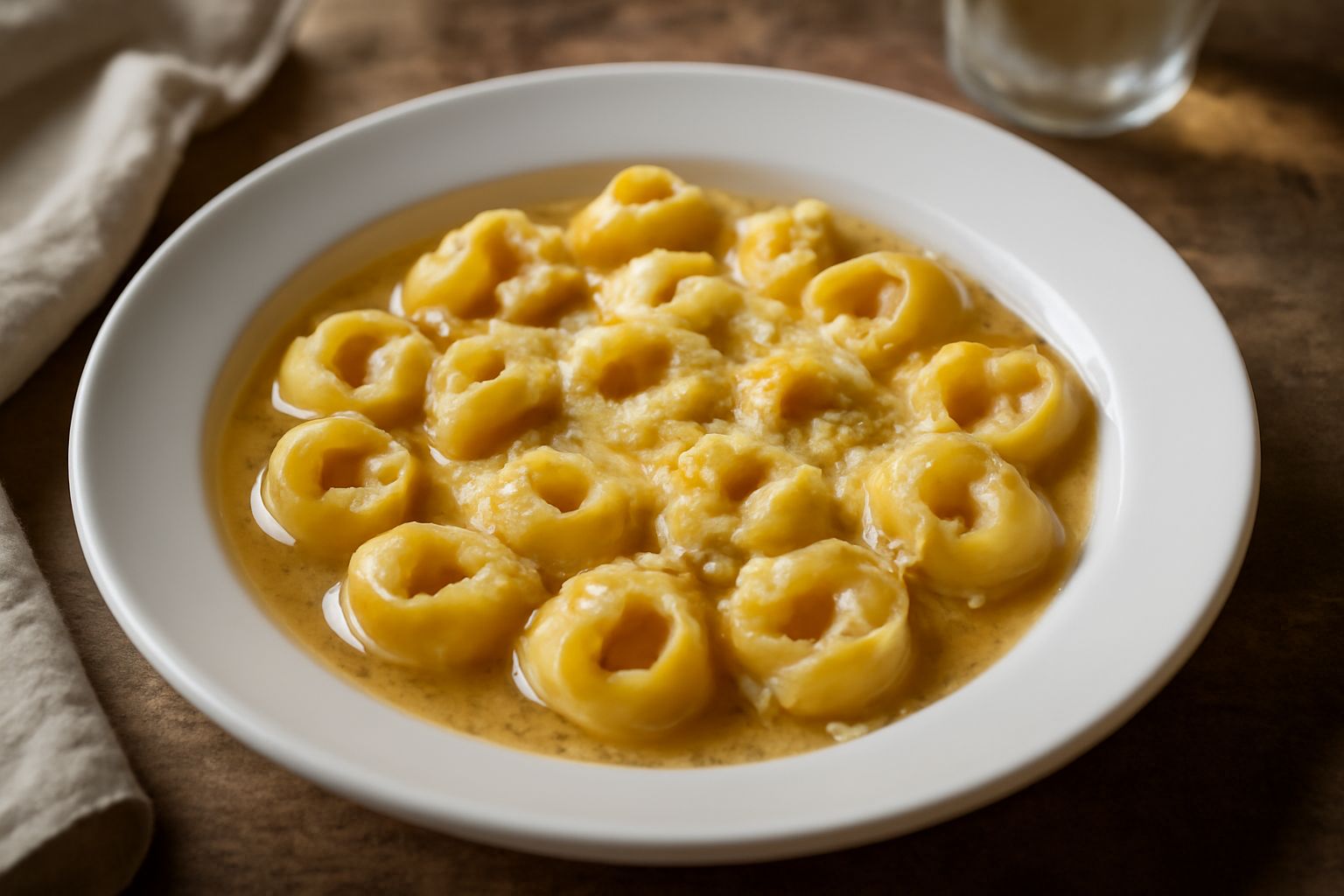 Tortellini di Piacenza serviti in un piatto fondo di ceramica bianca, immersi in brodo trasparente, ricoperti di burro dorato e scaglie di parmigiano grattugiato, con una salvietta di lino grigio acca
