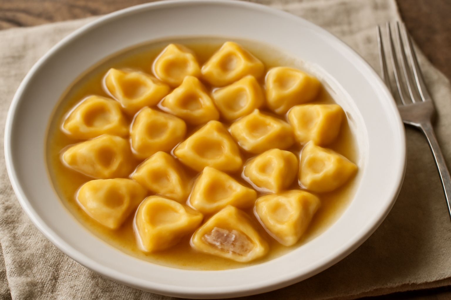 Una ciotola di brodo caldo con dieci tortellini dorati di forma triangolare, guarniti di parmigiano grattugiato e un filo di burro. Brodo trasparente ambrato, cucchiaio d'acciaio di lato. Tovaglia bia