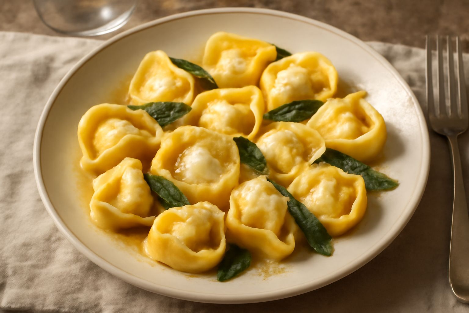 Tortellini di ricotta ripieni appena cotti in un piatto bianco, con burro fuso e foglie di salvia croccante, leggermente spolverati di parmigiano grattugiato