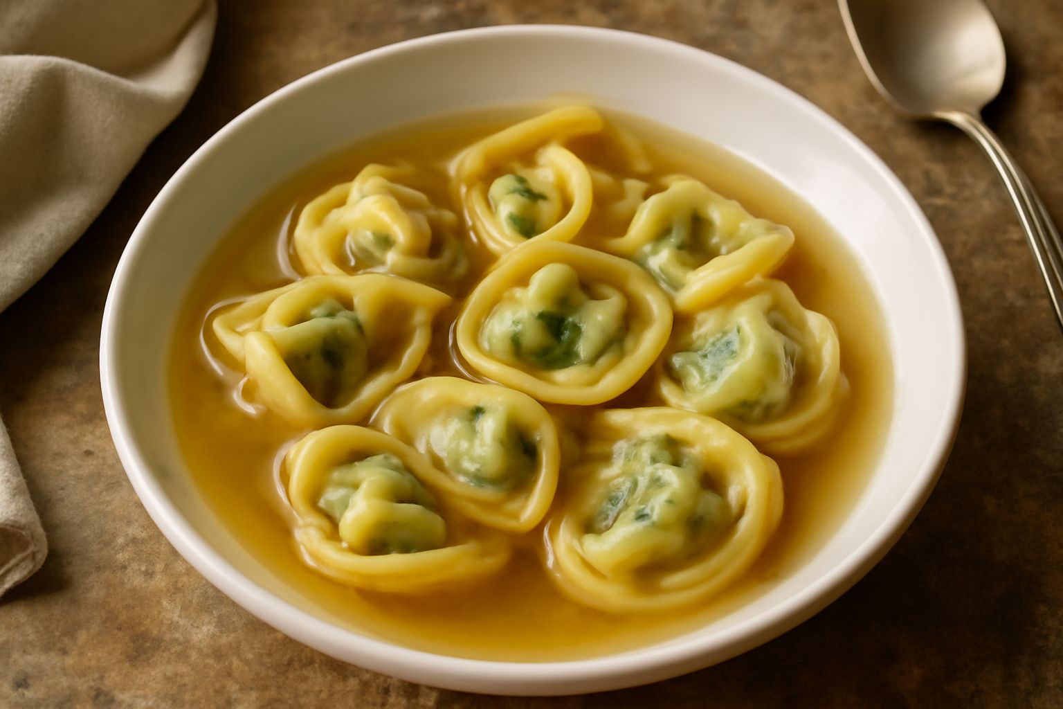 Tortellini di ricotta e erbe appena cotti in un piatto bianco, con brodo trasparente caldo, guarniti con una foglia di prezzemolo fresco e una spolverata di pecorino grattugiato