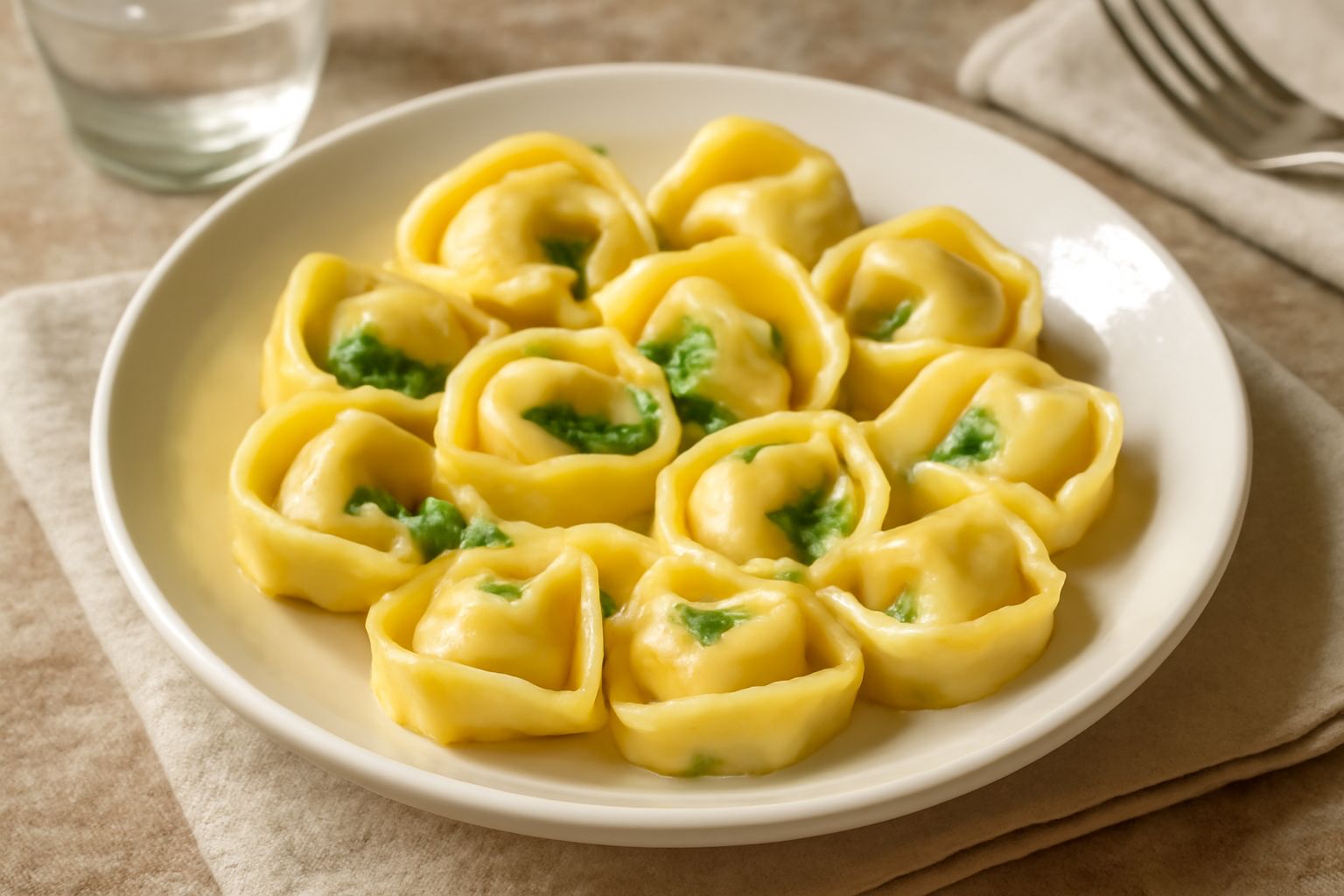 Tortellini di ricotta e spinaci ripieni su un piatto bianco, conditi con burro fuso e parmigiano grattugiato, con qualche foglia di spinaci freschi visibile nel ripieno dai bordi