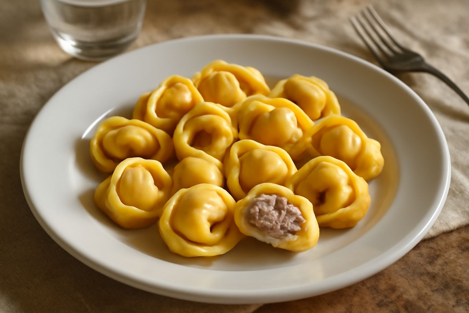 Tortellini di Treviso ripieni serviti in un piatto di ceramica bianca con brodo caldo trasparente, guarniti con scaglie di Parmigiano e prezzemolo fresco, su sfondo di legno naturale