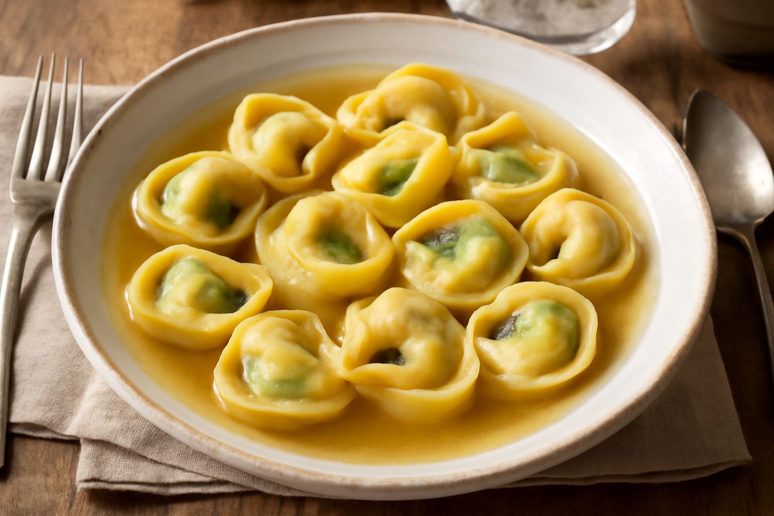 Tortellini di verdura appena cotti in un piatto bianco, ripieni visibili di verdure verdi e ricotta, con salsa di pomodoro leggera e basilico fresco.