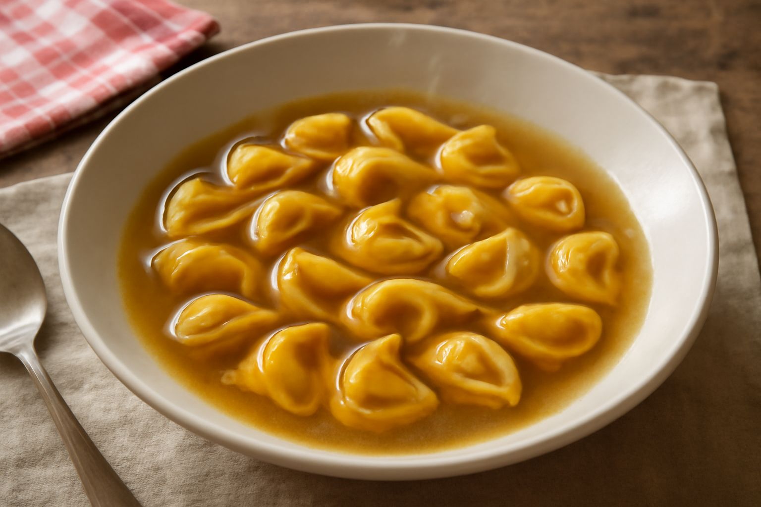 Tortellini di Vicenza ripieni appena cotti in una ciotola di brodo trasparente con prezzemolo fresco e parmigiano grattugiato, su fondo di legno naturale