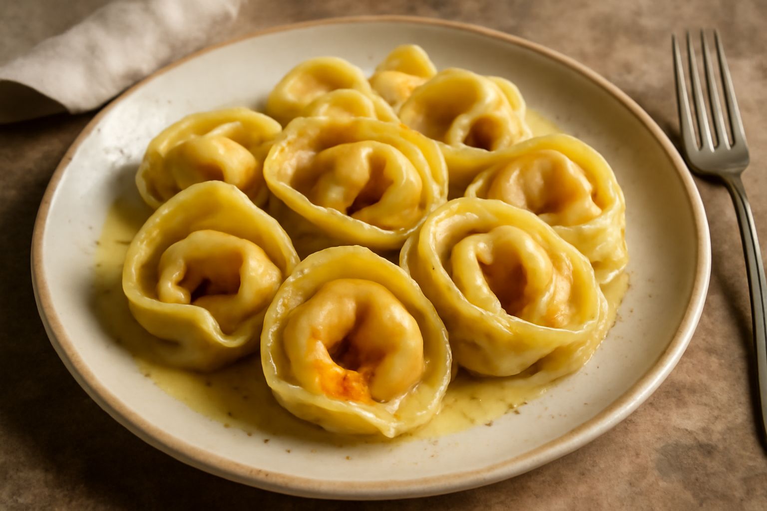 Tortellini di zucca dorati appena tirati su dal piatto di pasta con burro fuso e salvia, sparsi di parmigiano grattugiato, in un piatto bianco con fondo neutro