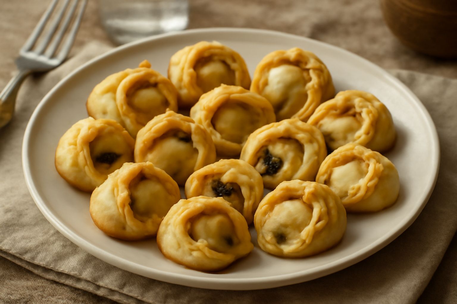 Tortellini dolci appena sfornati, dorati e lucidi, disposti su un piatto bianco con una spolverata leggera di zucchero a velo e una ciotola di salsa di frutti di bosco accanto