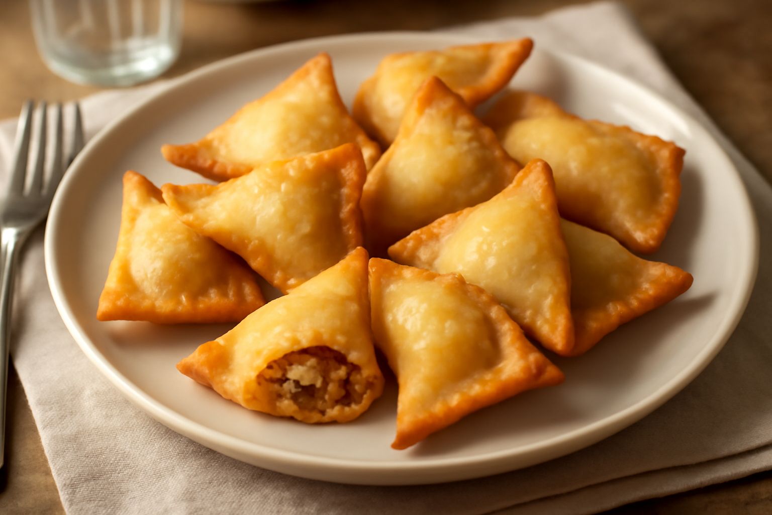 Tortellini dolci fritti dorati e croccanti disposti su un piatto bianco, spolverati di zucchero a velo, con mandorle intere sparse e una piccola ciotola di miele sullo sfondo