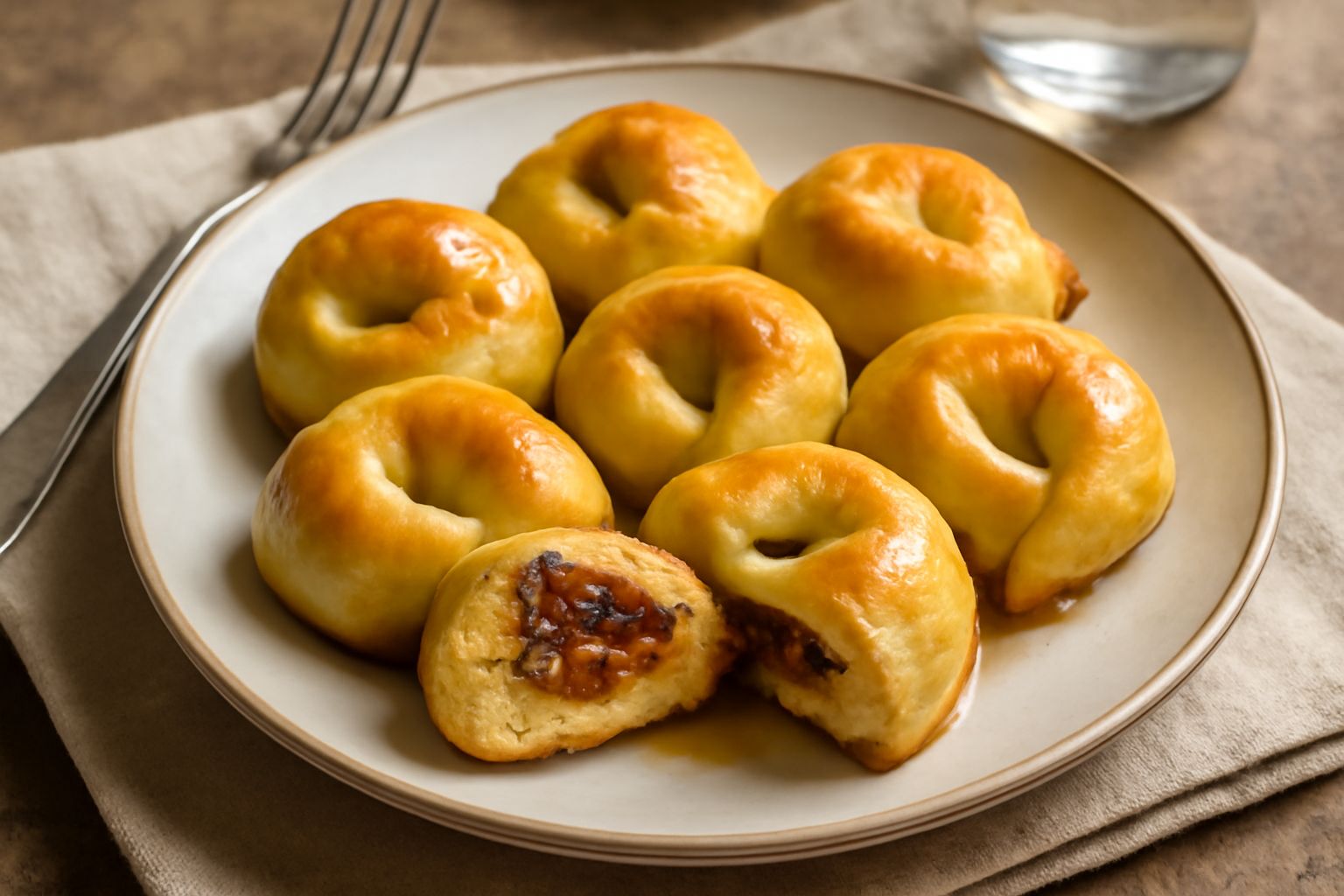 Tortellini dolci appena sfornati, dorati e lievitati, disposti su un piatto bianco con una leggera spolverata di zucchero a velo, contorni di ricotta e confettura visibili nel ripieno