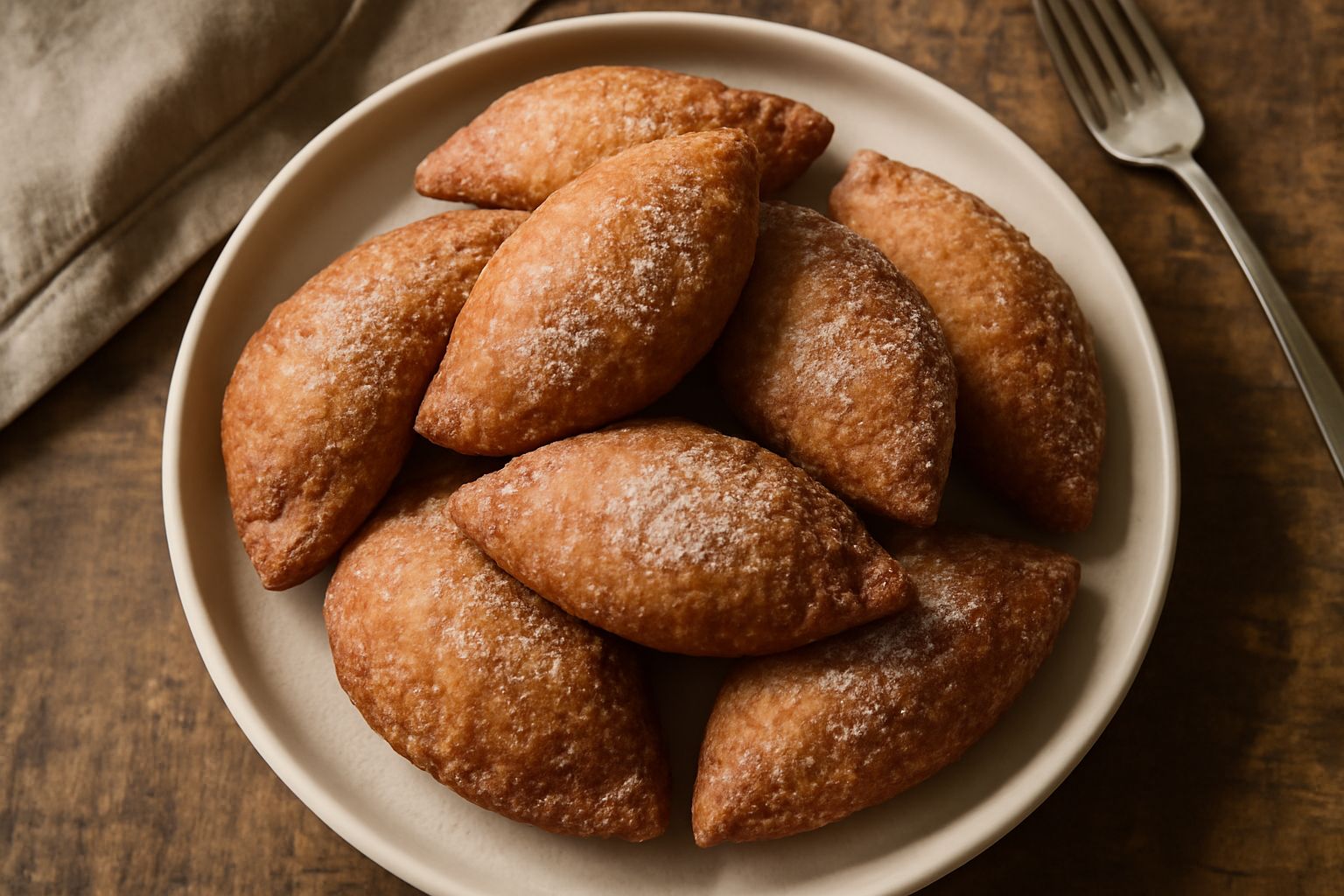 Tortellini dolci fritti disposti su carta da forno, di colore dorato intenso, a forma di mezzaluna richiusa, spolverati di zucchero a velo, con sfogliatelle croccanti visibili