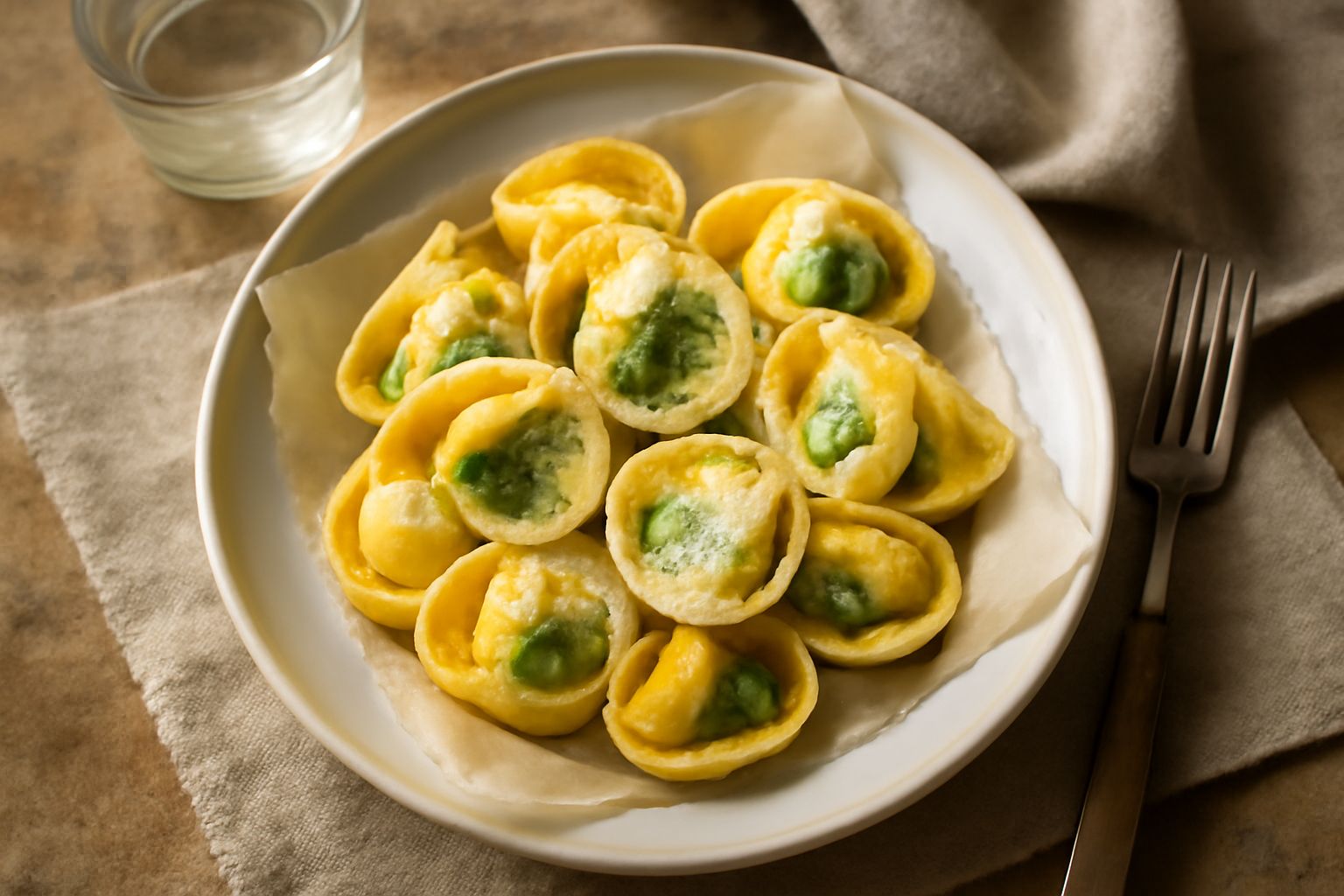 Tortellini d'ortaggio ripieni di spinaci e ricotta, disposti in un piatto bianco con burro fuso e salvia, guarniti con scaglie di parmigiano e un filo di olio extravergine