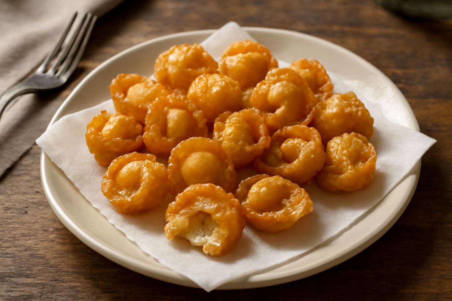 Tortellini fritti color oro intenso, croccanti in superficie, disposti su carta assorbente bianca, due spezzettati mostra ripieno cremoso e ragù all'interno, con aggiunta di parmigiano grattugiato spa