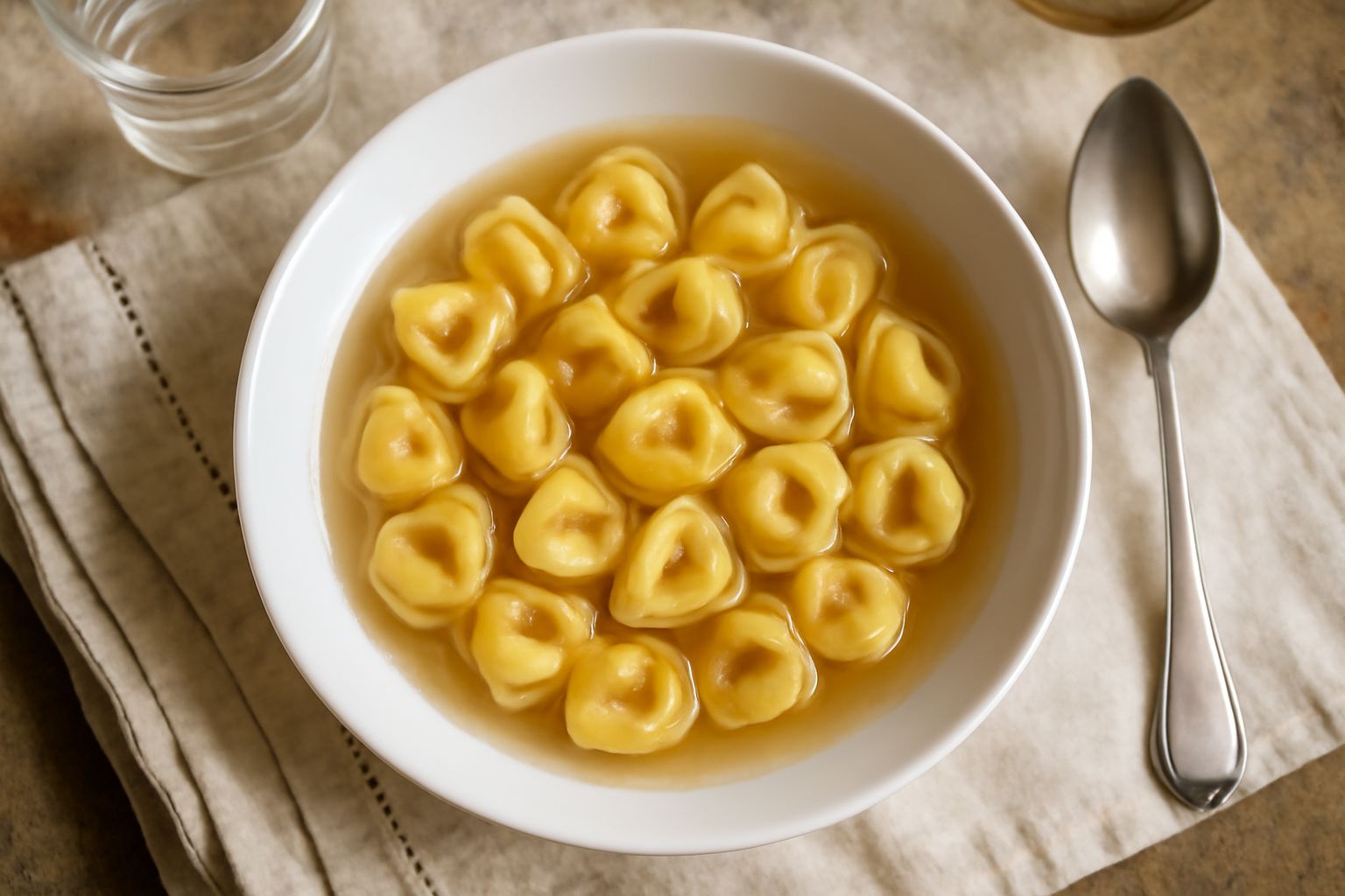 Ciotola di ceramica bianca con tortellini ripieni in brodo trasparente, guarniti con parmigiano e prezzemolo fresco, su tavolo in legno
