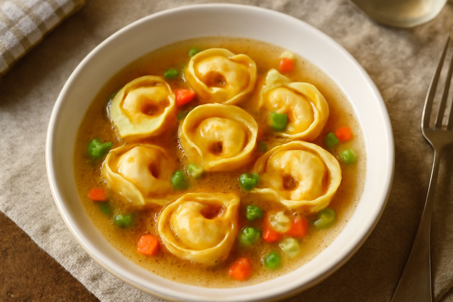 Tortellini in brodo serviti in una terrina bianca, immersi in brodo trasparente fumante con gocce di olio, accompagnati da parmigiano grattugiato e una cucchiaio di legno