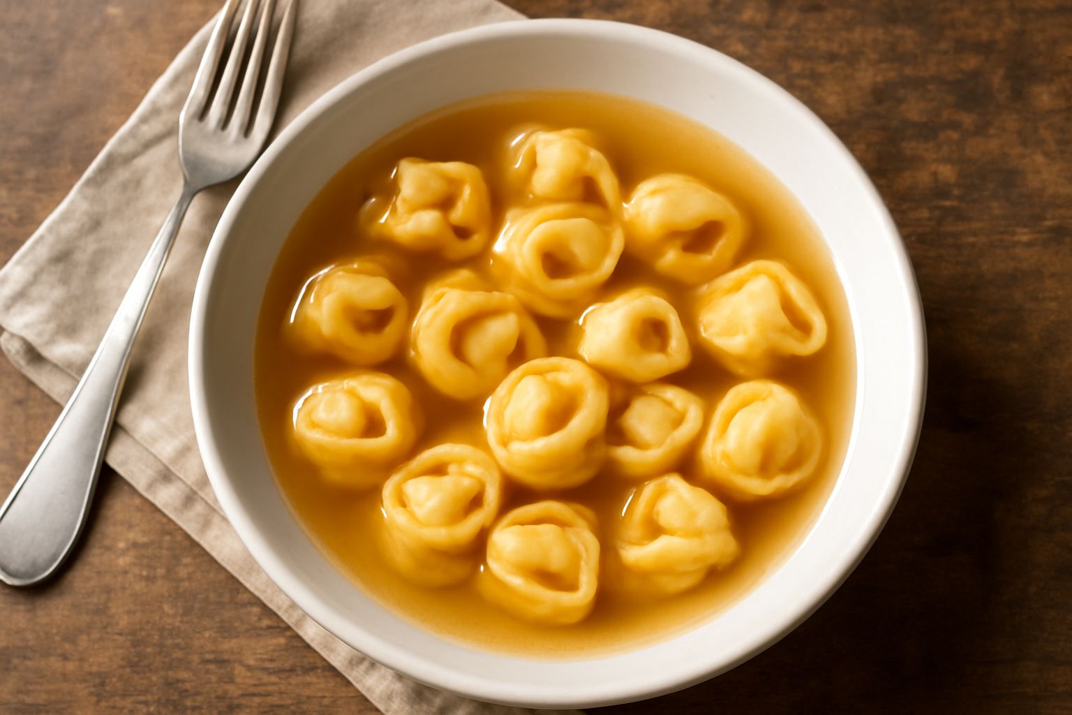 Ciotola di ceramica bianca con tortellini piegati in brodo trasparente e dorato, cosparsi di parmigiano grattugiato, con un cucchiaio di acciaio e tovaglia di lino beige sullo sfondo