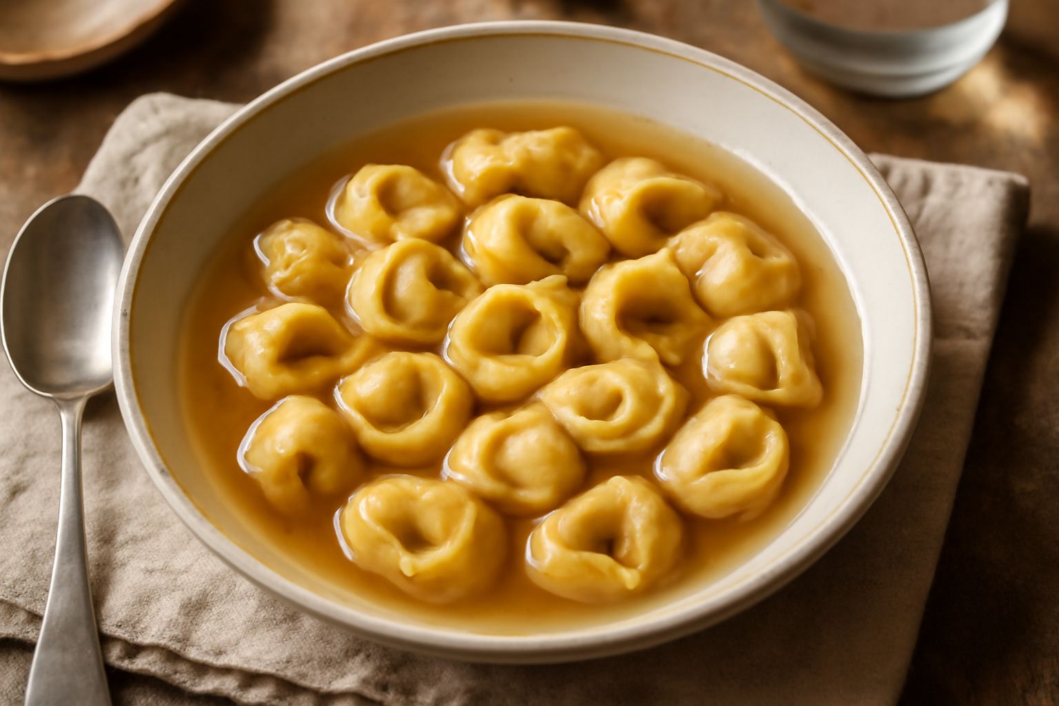 Tortellini bagnati in brodo trasparente dentro una ciotola bianca, con qualche filo di parmigiano grattugiato e una foglia di prezzemolo, vapore che sale dal cucchiaio