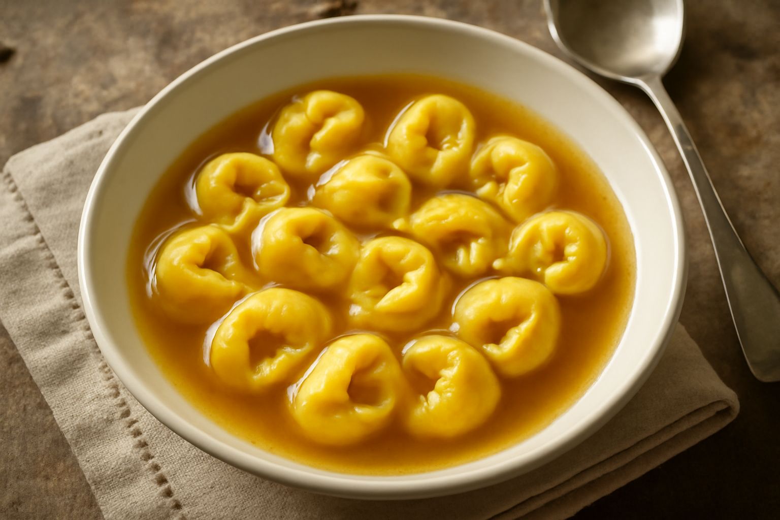 Una ciotola di tortellini mantovani gialli dorati appena bolliti, disposti in brodo di carne fumante, con una spolverata di parmigiano grattugiato e un filo di burro fresco che riluce in superficie