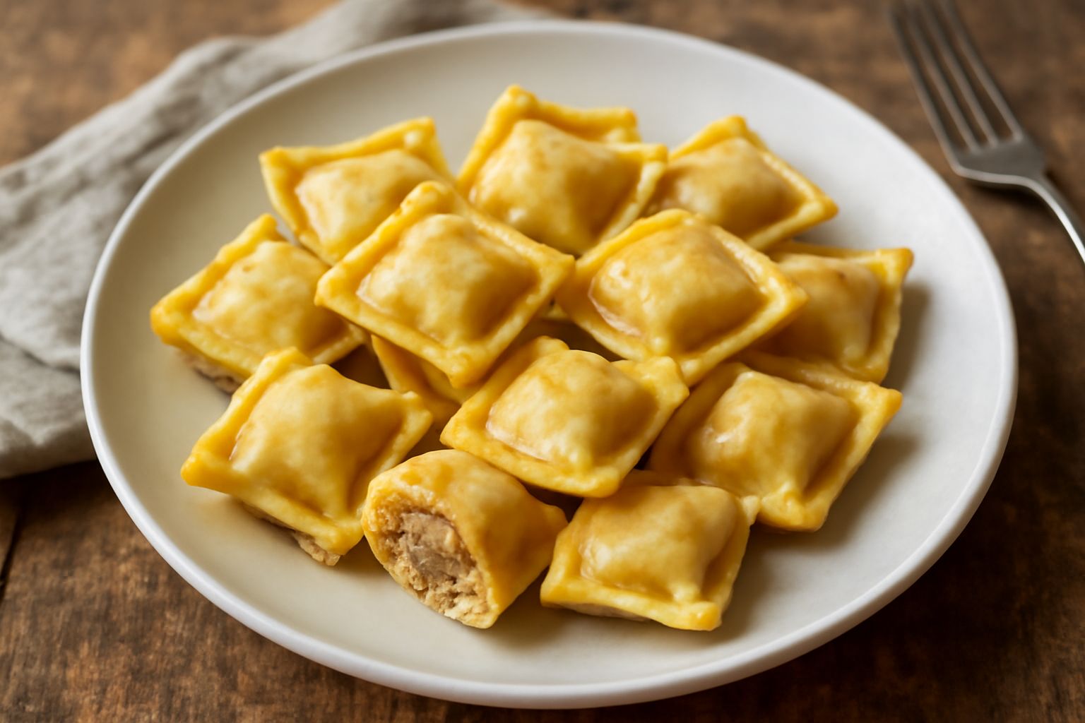 Piatto di tortellini messinesi quadrati di pasta al uovo, serviti in brodo caldo, con ragù marrone scuro visibile dentro la pasta, melanzane violacee e ricotta bianca, contornati da ragu denso nel fon