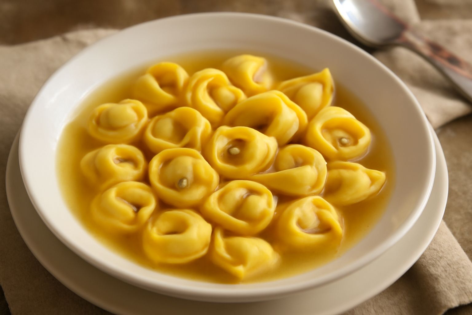 Tortellini molisani dorati in una ciotola di brodo caldo, con un cucchiaio di legno accanto, su un piano di legno naturale