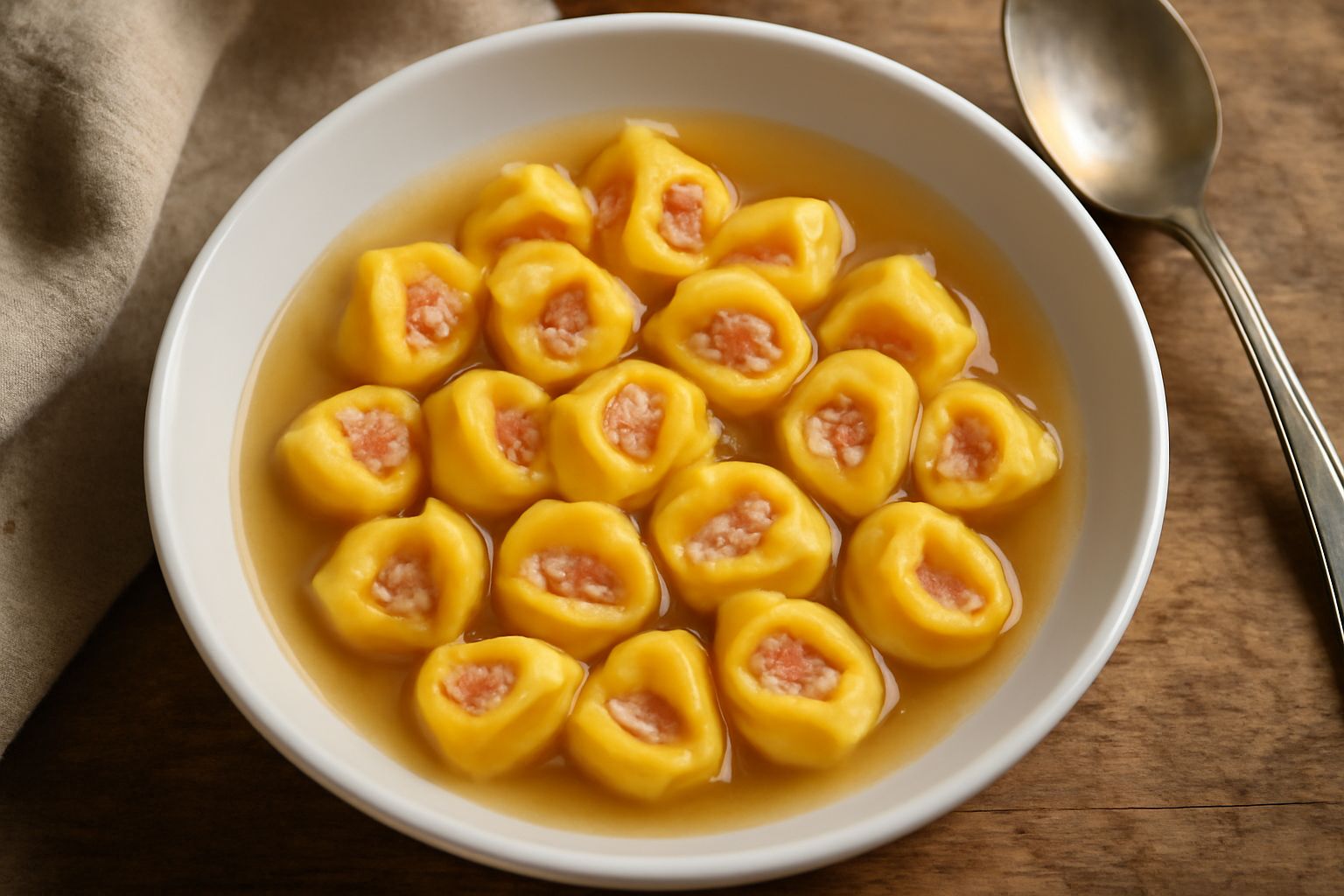 Tortellini piacentini ripieni appena cotti in un piatto bianco, serviti con brodo caldo fumante, adagiati a forma di nido, con sfumature dorate e riflessi lucidi della pasta all'uovo