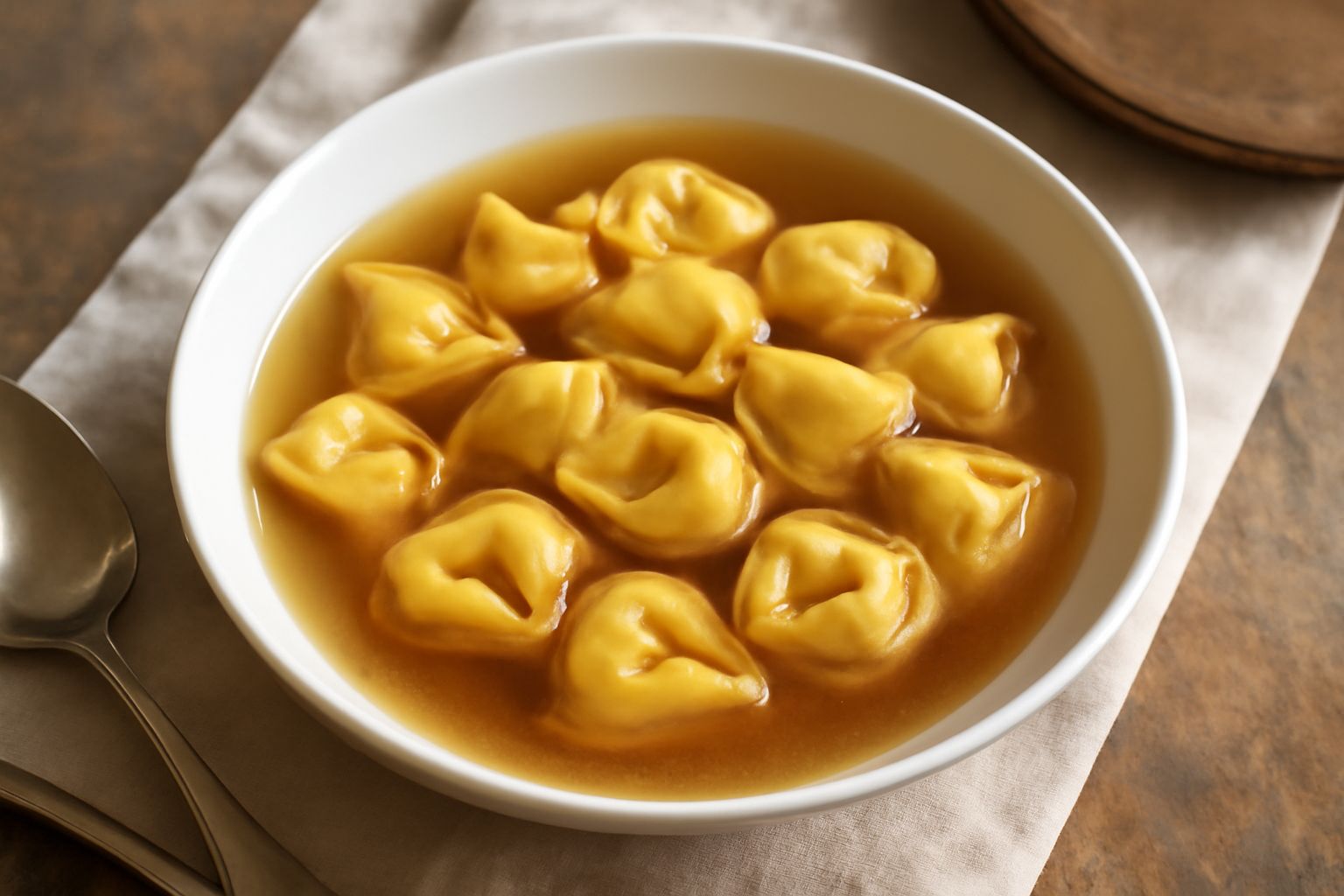 Tortellini piemontesi dorati appena tolti dal brodo caldo, serviti in una ciotola bianca con brodo, parmigiano grattugiato e una manciata di prezzemolo fresco