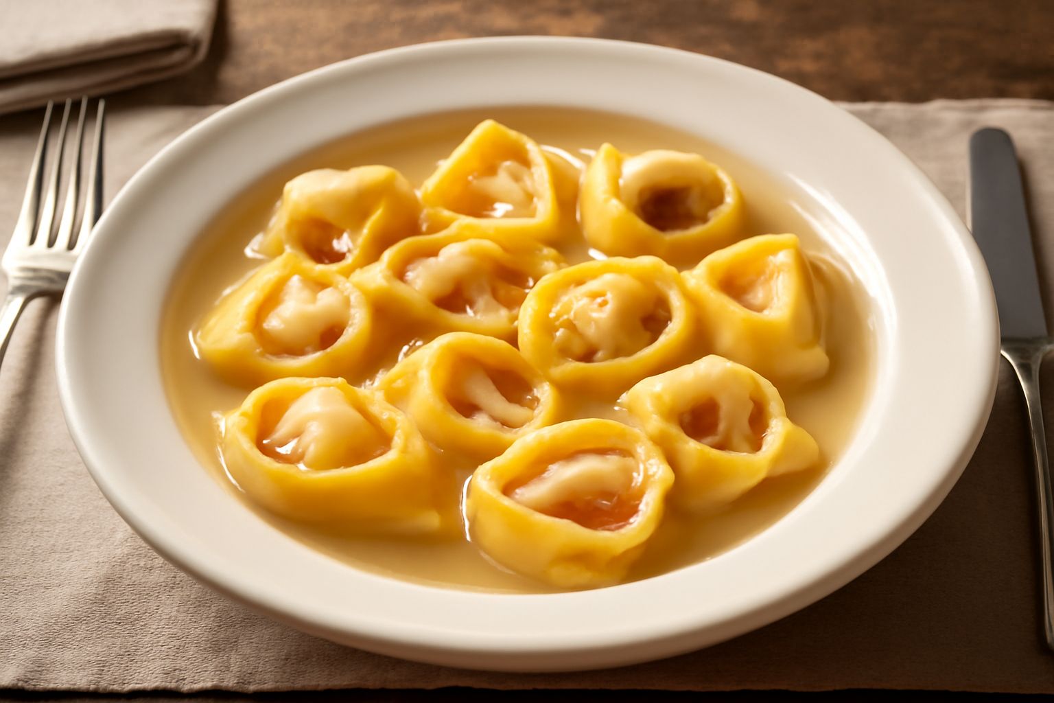 Tortellini salernitani cotti in brodo di carne, serviti in una ciotola bianca con contorno di parmigiano grattugiato, prezzemolo fresco tritato, brodo dorato fumante che risalta la pasta gialla e i bo