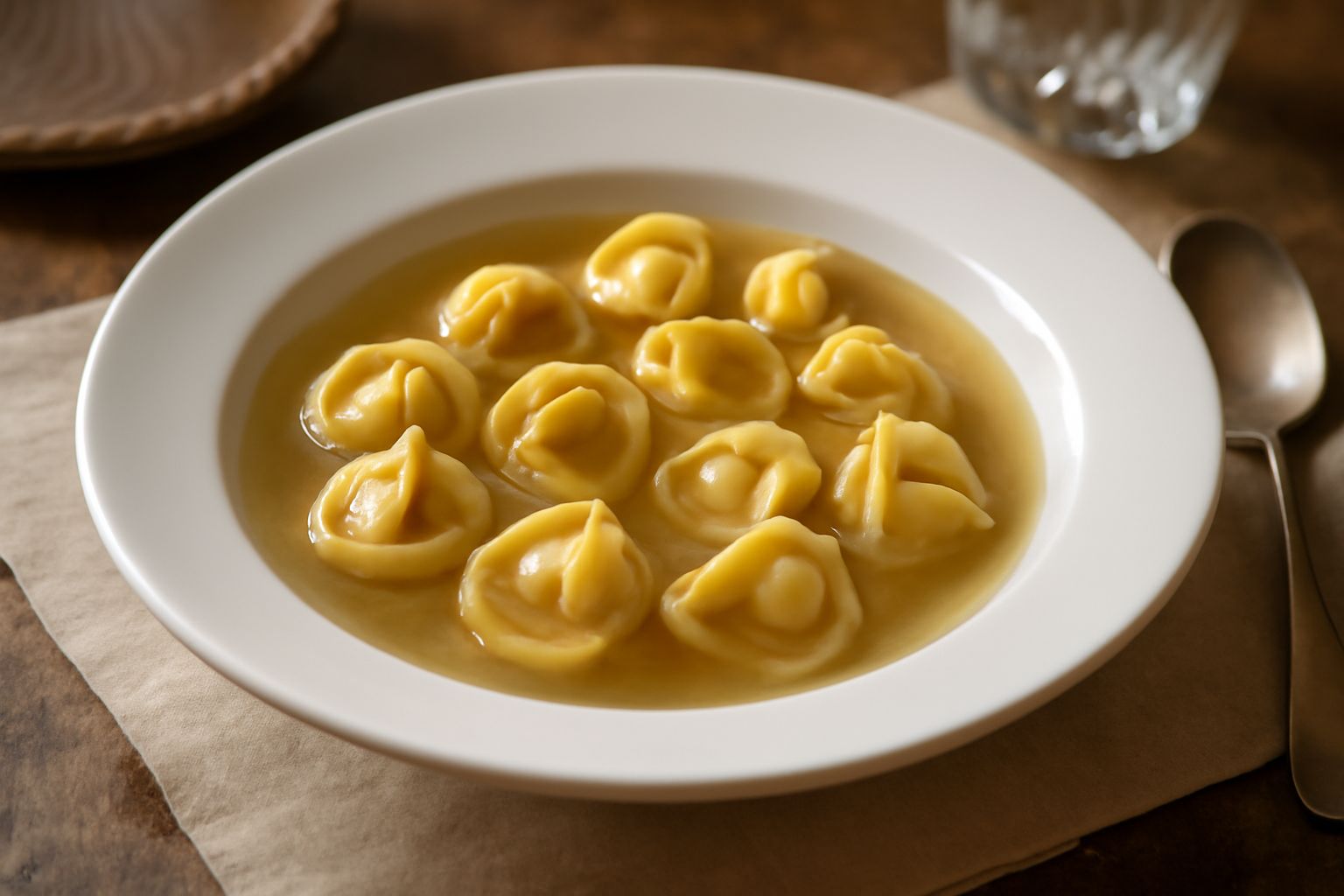 Tortellini senesi dorati in una ciotola di brodo caldo, a forma di piccoli borsellini, ricoperti da brodo trasparente con erbette verdi sparse in superficie, serviti in una zuppiera bianca