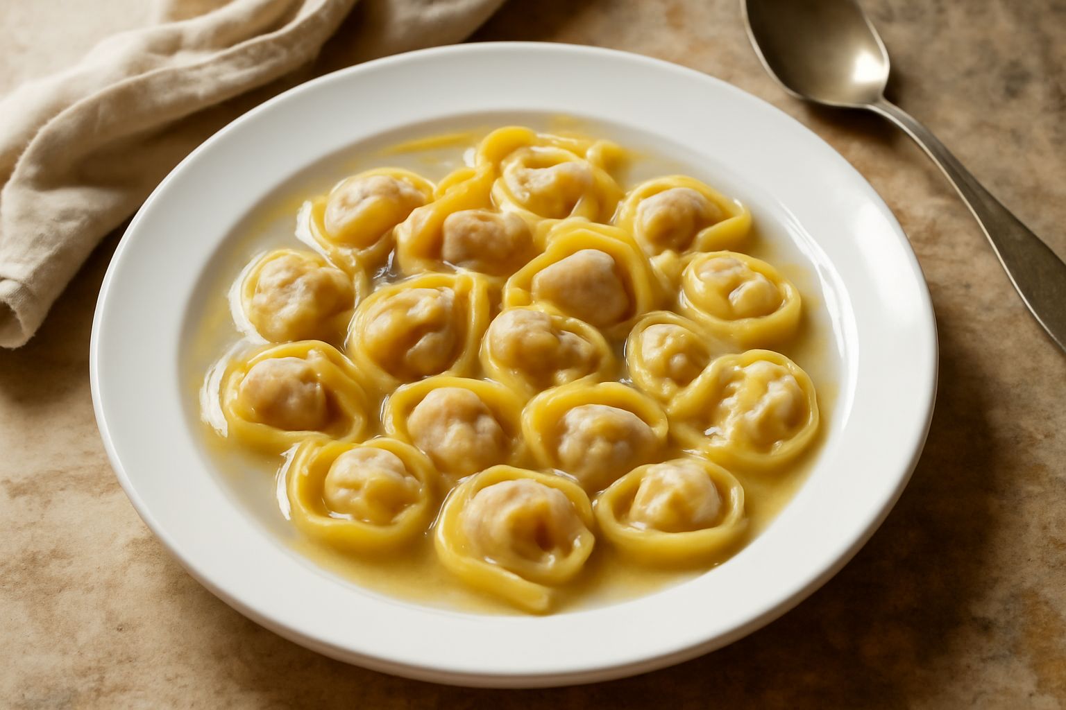 Tortellini triestini dorati serviti in una ciotola bianca con brodo caldo, una spolverata di parmigiano grattugiato e prezzemolo fresco verde, vapore che sale dal piatto.