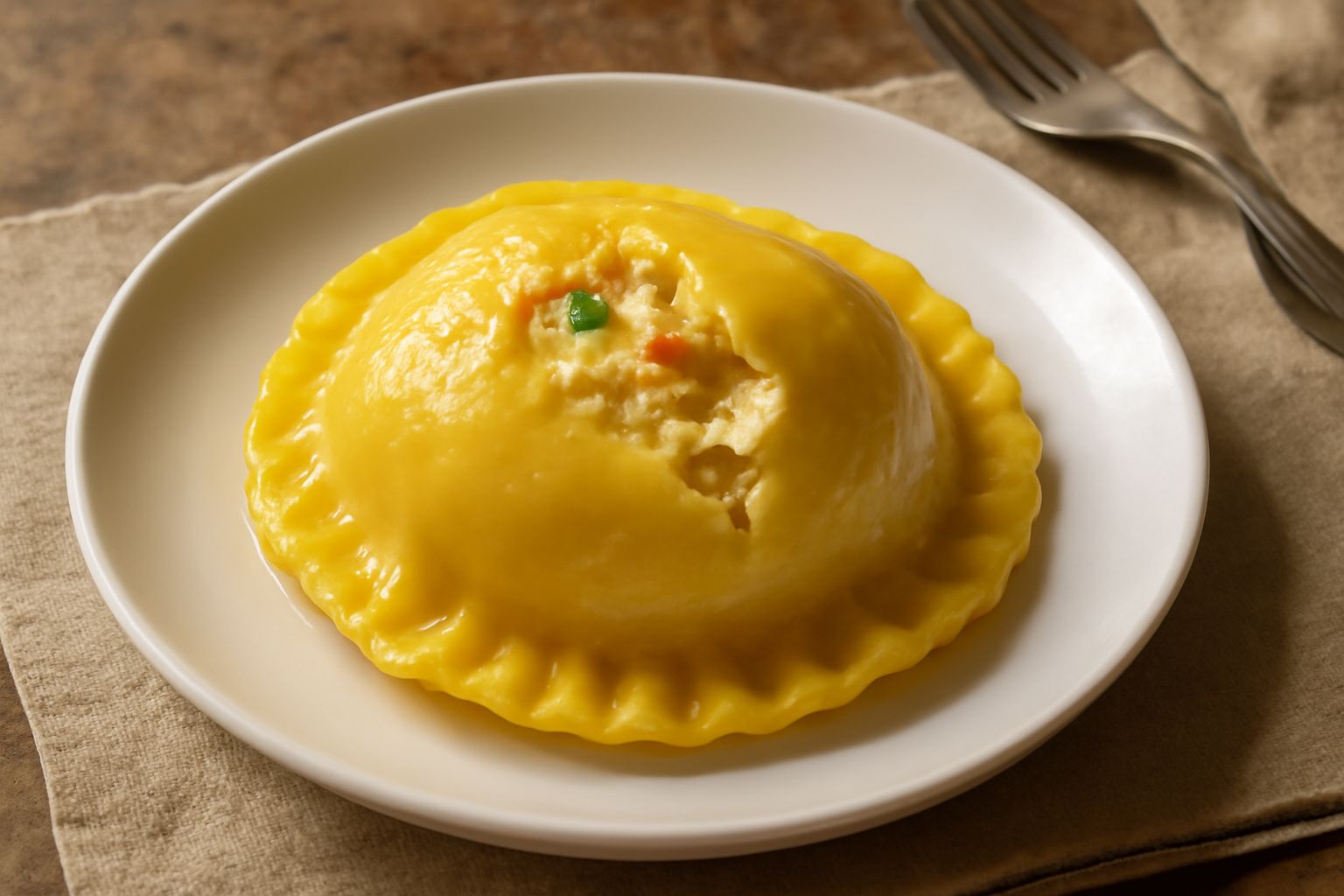 Tortello dolce dorato su piatto bianco, ripieno cremoso visibile da una crepa leggera sulla superficie, spolverato di zucchero a velo e guarnito con una foglia di menta fresca