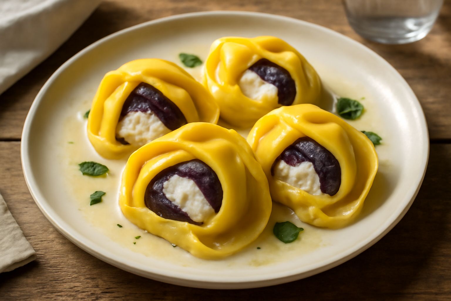 Tre tortelloni di pasta fresca ripieni, disposti su piatto bianco con sugo di pomodoro, una foglia di basilico verde e parmigiano grattugiato sopra