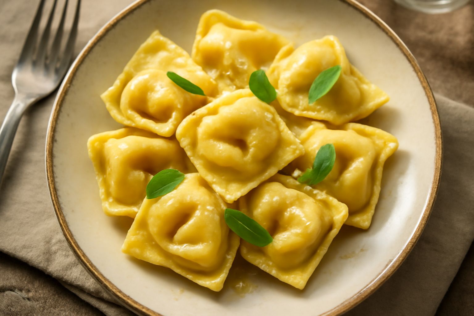 Tortelloni ripieni appena cucinati in un piatto bianco, ricoperti di burro fuso e salvia fresca, con gocce d'olio d'oliva e scaglie di parmigiano grattugiato