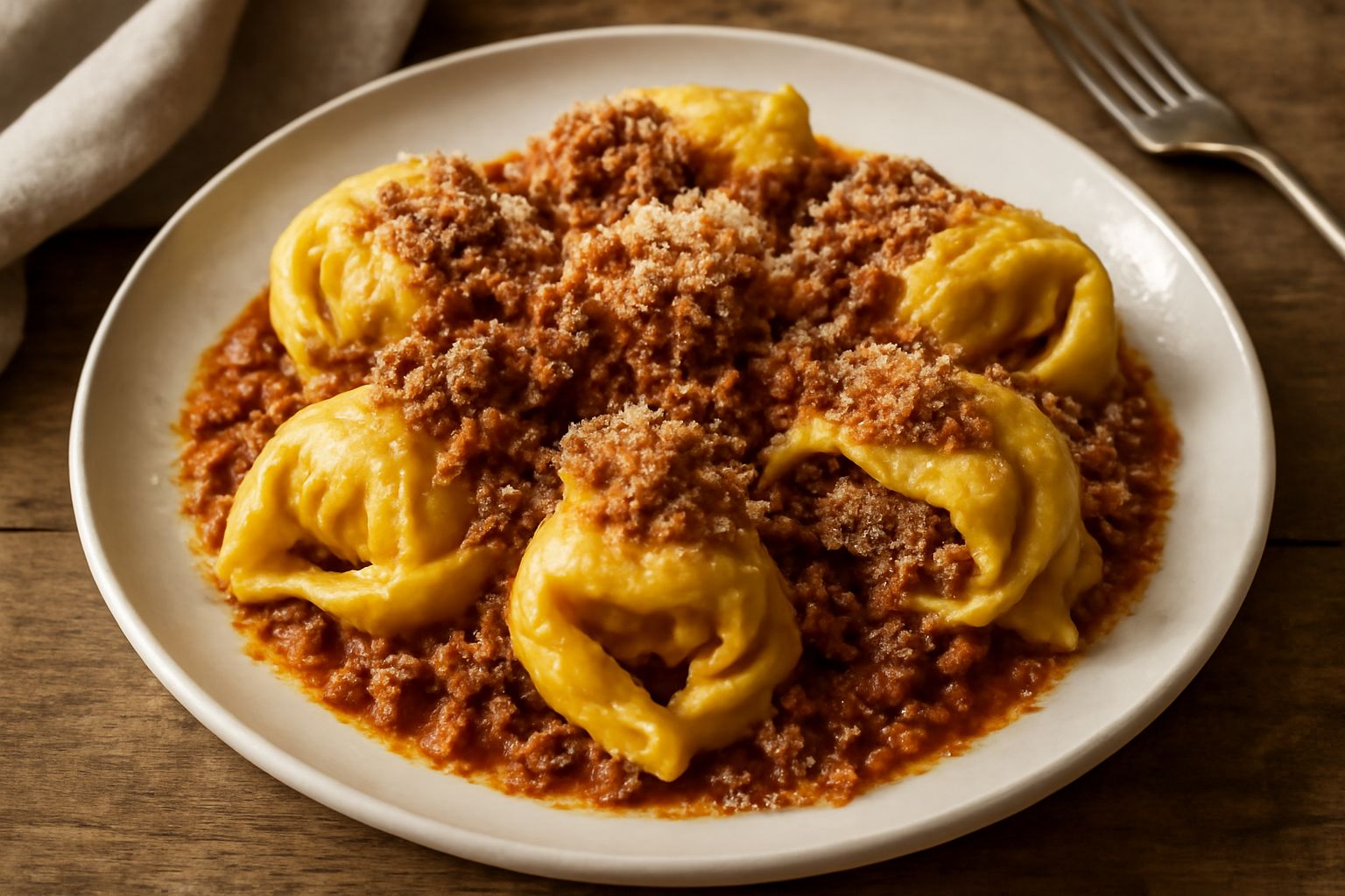 Piatto di tortelloni al ragù con pasta fresca gialla, ripieno marrone visibile nel taglio, conditi con ragù marrone scuro, spolverati di parmigiano grattugiato bianco e prezzemolo verde fresco