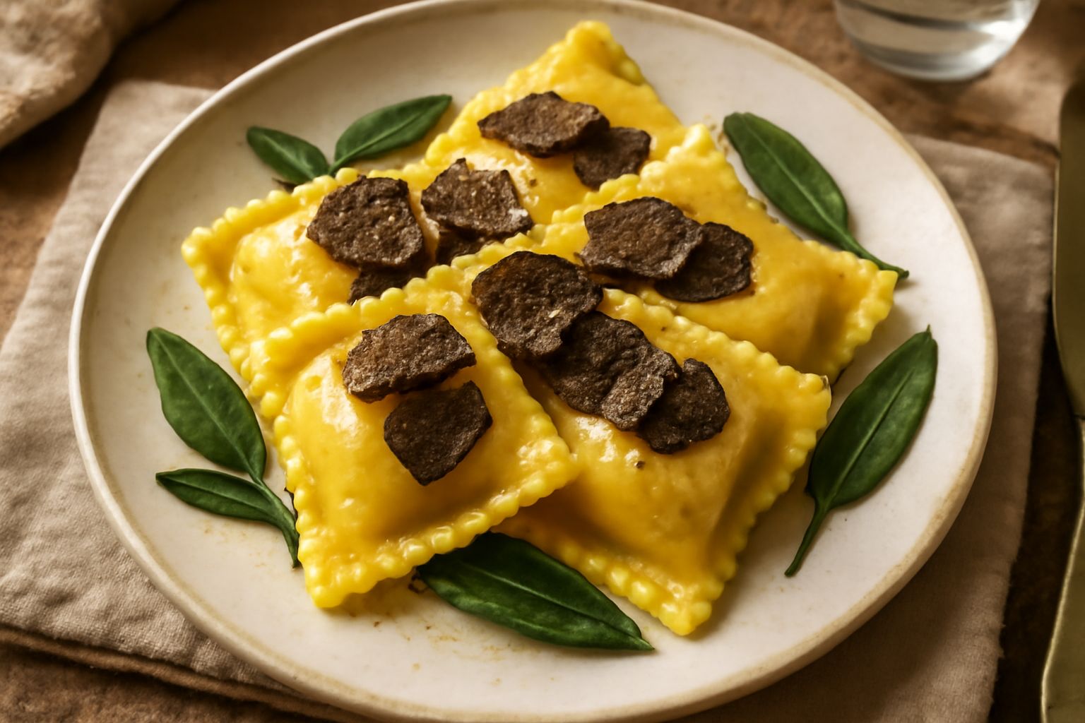 Tortelloni al tartufo in bianco nel piatto, di colore giallo dorato con sfumature marroni, ricoperti di burro fuso e scaglie di tartufo nero, contornati da foglie di salvia fresca, fotografati da sopr