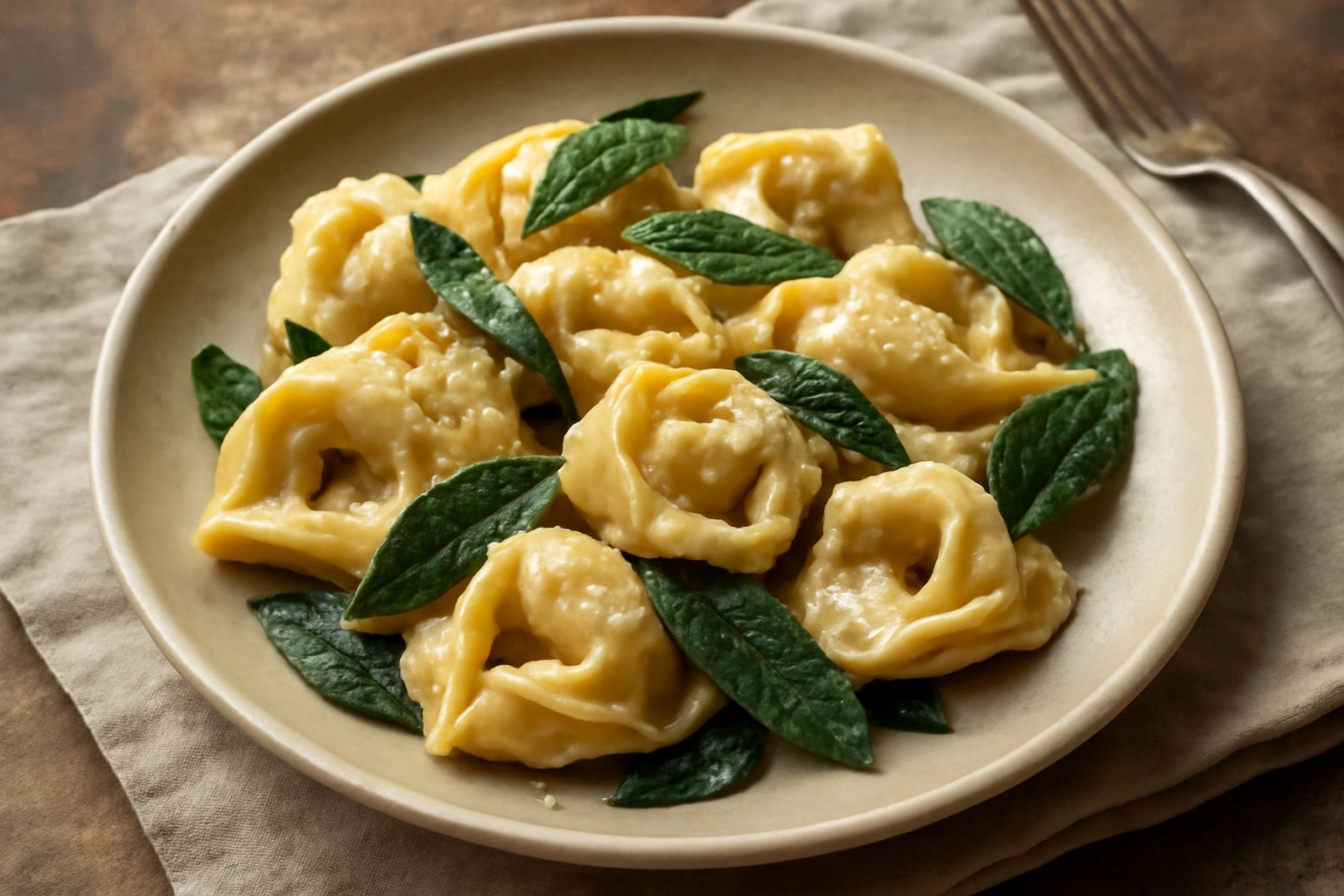 Tortelloni farciti di ricotta e spinaci in un piatto bianco, conditi con burro fuso scuro e foglie di salvia fresca, con una spolverata leggera di parmigiano grattugiato