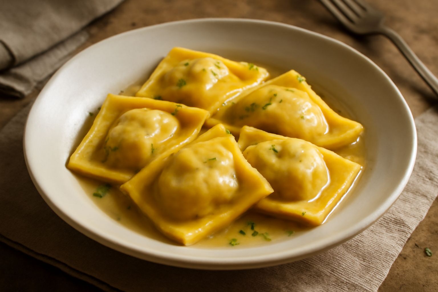 Tortelloni di calabrosa appena cotti su un piatto bianco, con pasta color oro paglia, ripieno visibile dal bordo, superficie bagnata dal brodo o dal burro di cottura, spolverati di formaggio grattugia